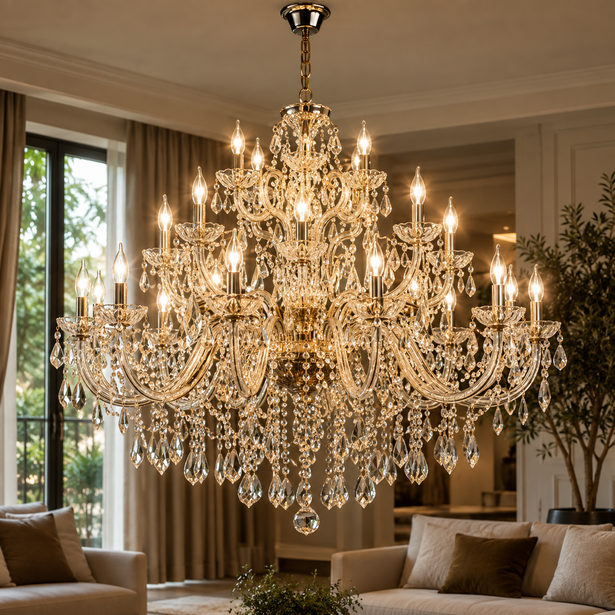 Lustre de cristal dourado instalado em sala de estar clara