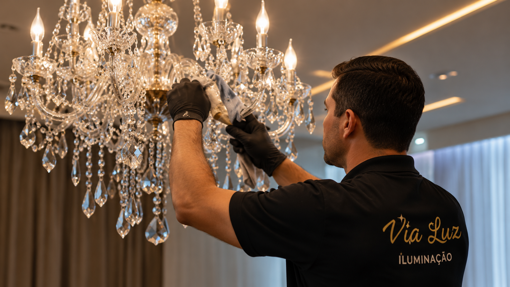 Profissional da Via Luz higienizando um lustre de cristal em Goiânia